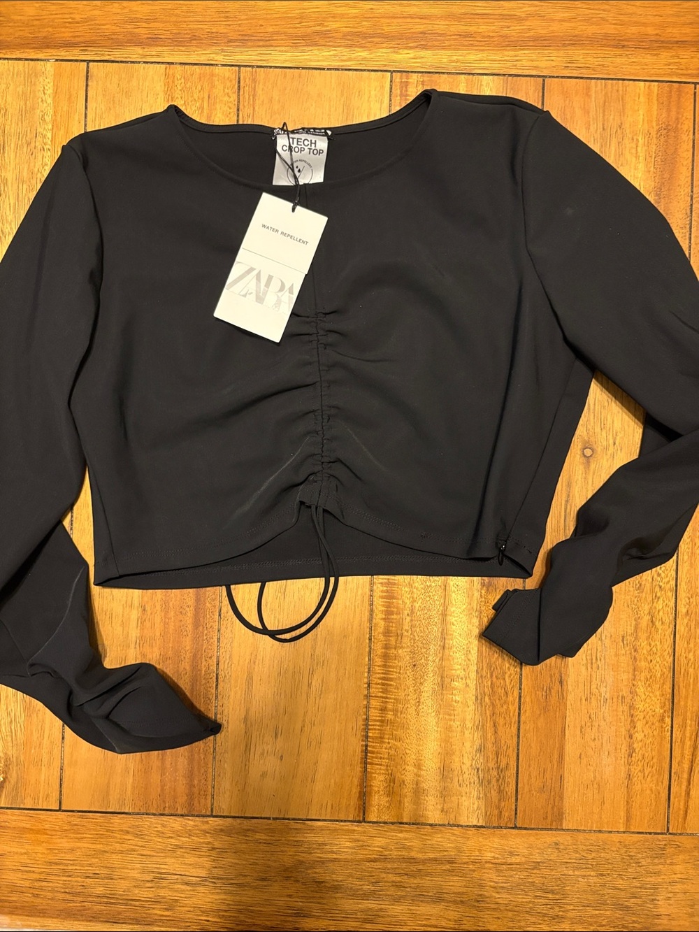Zara Black Long-Sleeve Ruched Drawstring Crop Top XL